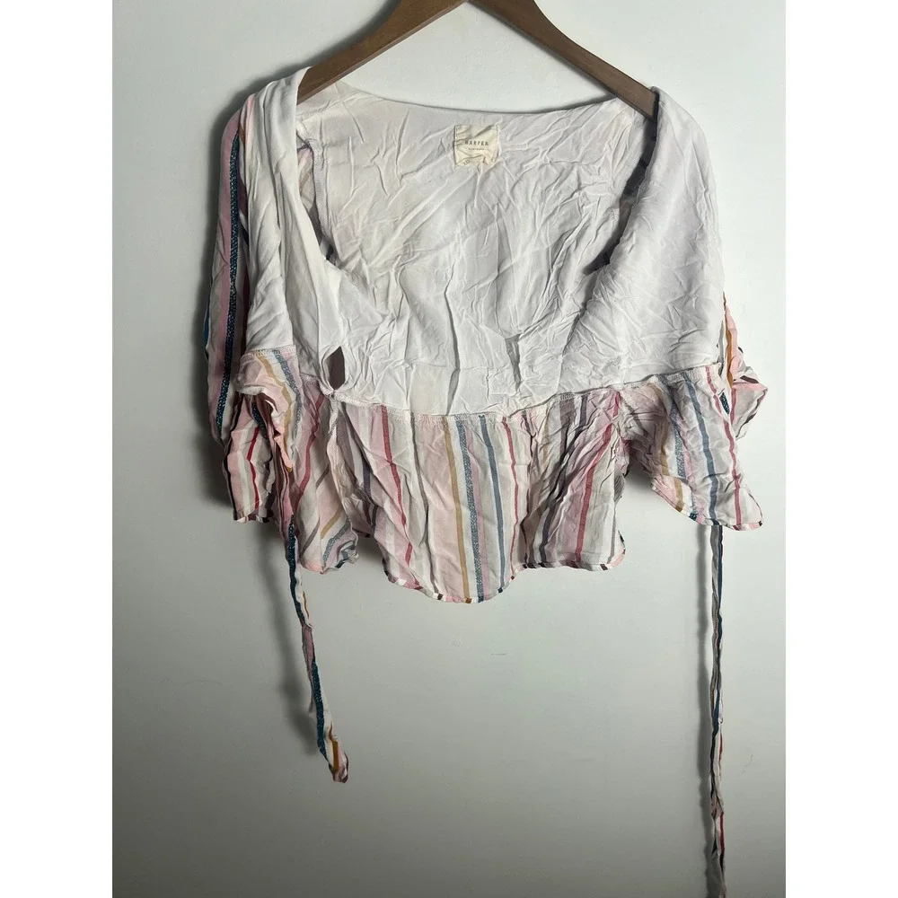 Wm XXS Top Colorful Stripe Rainbow Boho-Chic Blouson Sleeves‎ Tie-Front Festival